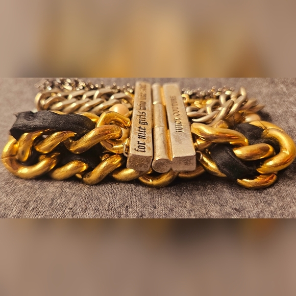 Juicy Couture Gold Multiple Bangle Bracelet Multi Strand Pearl Pave Black Ribbon - Picture 5 of 13